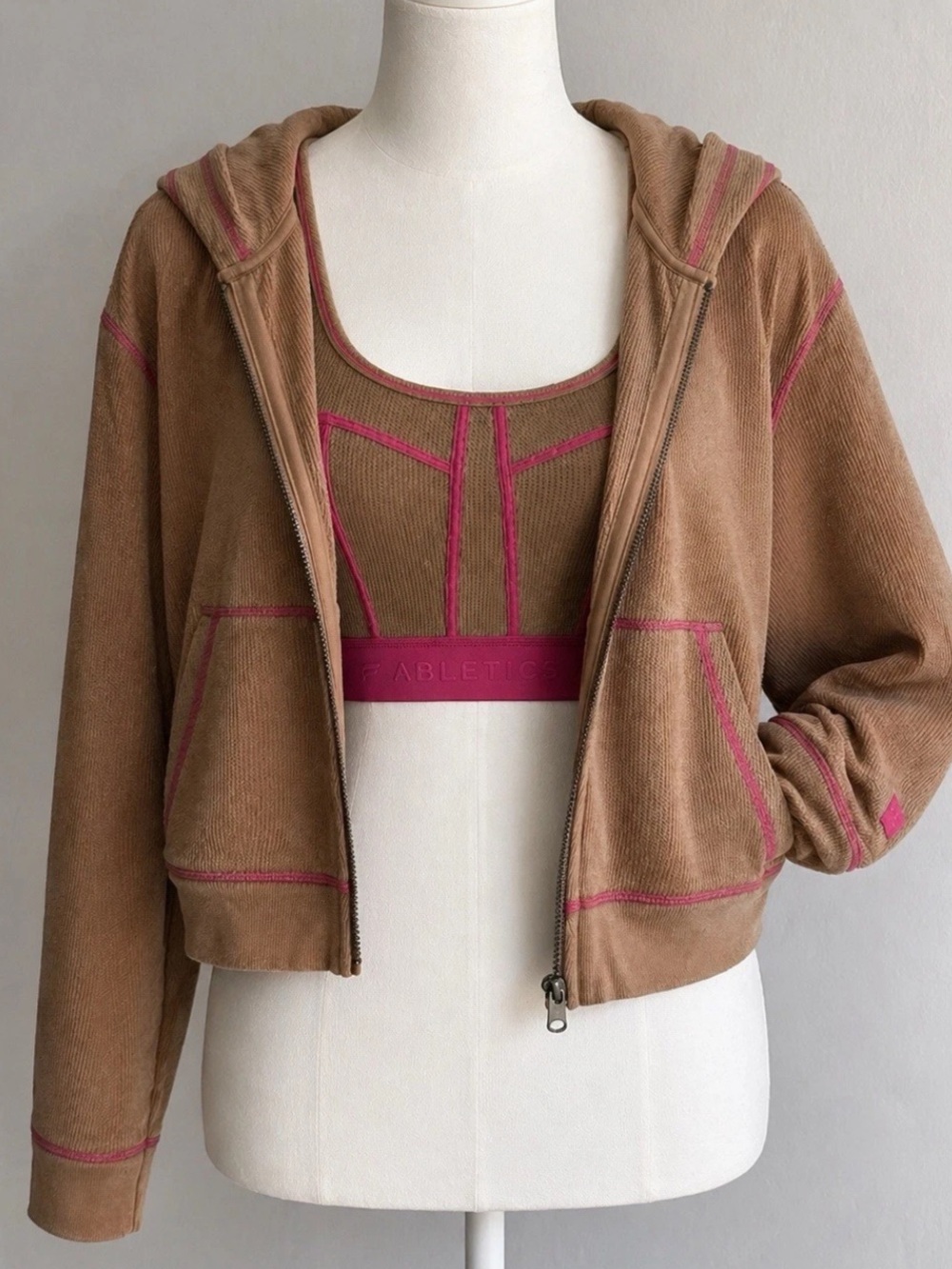 Fabletics Brown Waffle Knit Lounge Set XS Cozy Hoodie Sports Bra Matching
